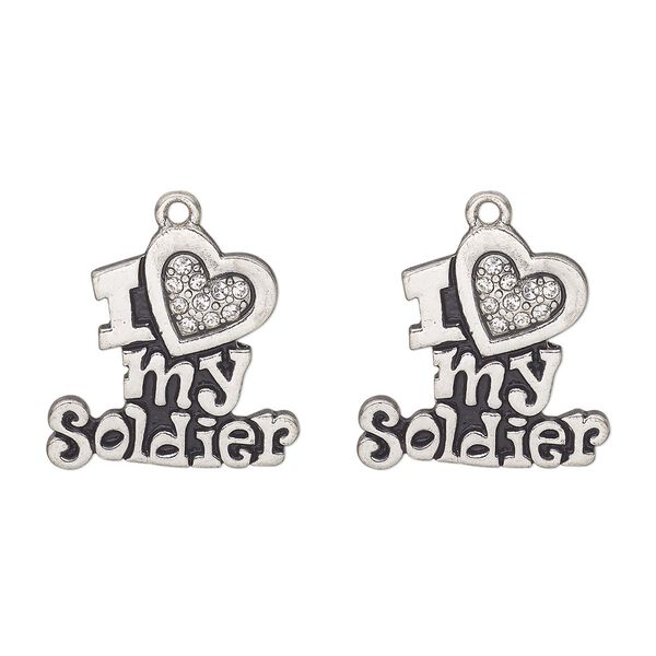 Charm, antique silver-finished "pewter" (zinc alloy) and glass, clear, 23x22mm single-sided "I heart my soldier." Sold per pkg of 2. image number 0