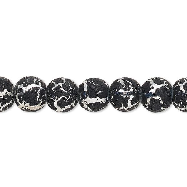 Bead, desert sun, black and silver-finished glass, 8mm round. Sold per pkg of (2) 15-1/2" to 16" strands. image number 0