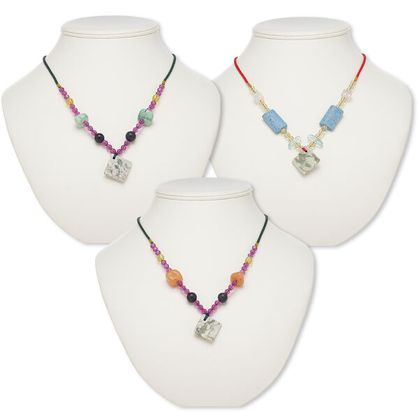 Necklace mix, peace "jade" / multi-gemstone (natural / dyed) / nylon / acrylic / glass, multicolored, 30x30mm-31x31mm wavy diamond, 20- to 24-inch continuous loop. Sold per pkg of 3. image number 0