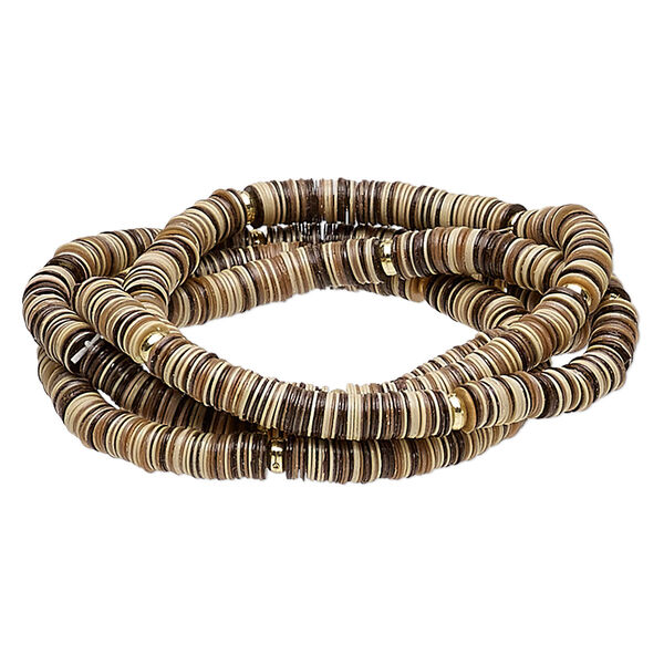 Bracelet, stretch, acrylic and gold-finished plastic, brown and tan, 5mm wide, 6 inches. Sold per pkg of 4. image number 0