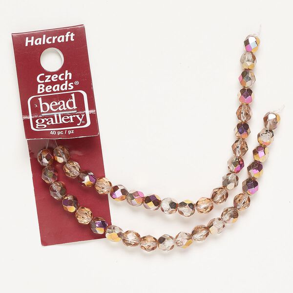 Bead, Czech fire-polished glass, pkg/8 inches, 6mm faceted round, copper-coated / translucent / transparent pink  AB. image number 0
