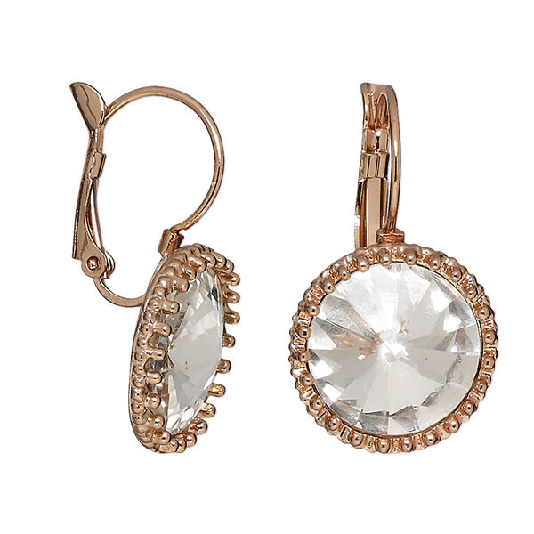 Earring, glass with rose gold-finished brass and "pewter" (zinc-based alloy), clear, 30mm with round and leverback ear wire. Sold per pair. image number 0