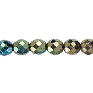 Bead, Czech fire-polished glass, opaque iris green, 8mm faceted round. Sold per 15-1/2" to 16" strand.