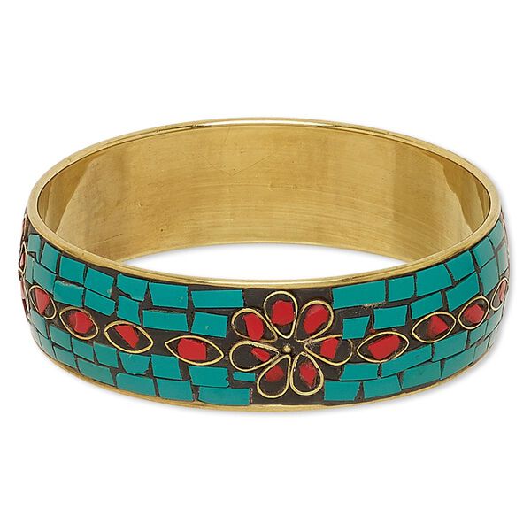 Bracelet, bangle, brass and resin, red / turquoise green / black, 22mm wide with flower design, 8 inches. Sold individually. image number 0