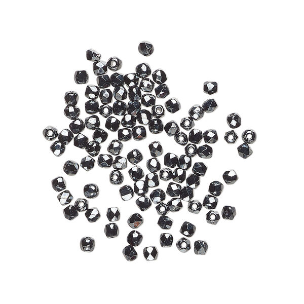 Bead, Czech fire-polished glass 1pkg1200, opaque hematite, 2mm faceted round. image number 0
