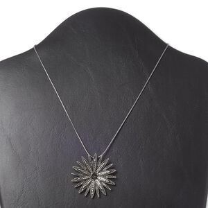 Necklace, glass and antiqued silver-finished "pewter" (zinc-based alloy), smoke, 42x42mm starburst, 16 inches with 3-inch extender chain and lobster claw clasp. Sold individually.