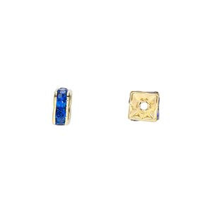 Bead, glass rhinestone and gold-finished brass, sapphire blue, 6x3mm squaredelle. Sold per pkg of 10.