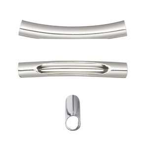 Bead, imitation rhodium-finished brass, 32x5mm curved tube with oval cutout. Sold per pkg of 10.