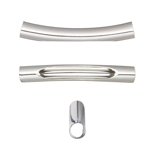 Bead, imitation rhodium-finished brass, 32x5mm curved tube with oval cutout. Sold per pkg of 10. image number 0