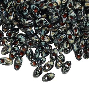 Seed bead, Miyuki, glass, pkg/250g, 7x4mm long magatama, opaque Picasso black, (LMA-4511).