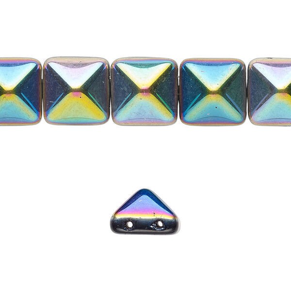 Spacer, Preciosa, Czech pressed glass, opaque black vitrail, 11x11x7.5mm 2-strand pyramid, fits up to 5.5mm bead. Sold per 8-inch strand, approximately 15 spacers. image number 0
