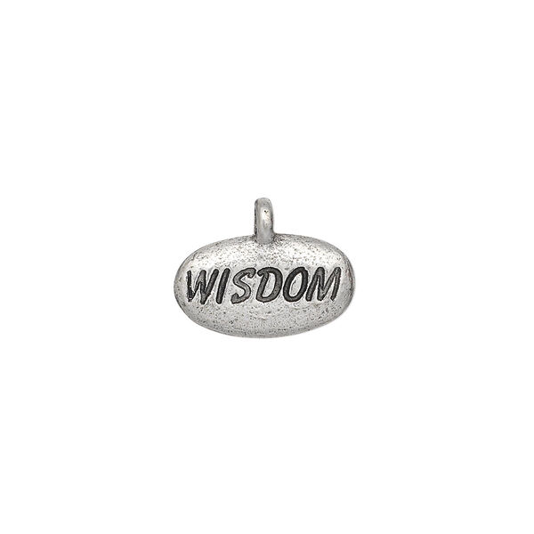 Charm, pewter (tin-based alloy), pkg/1, antiqued silver, 15x9mm pebble with "WISDOM." image number 0