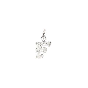Charm, sterling silver, 9x7mm fancy block alphabet letter "F." Sold individually.