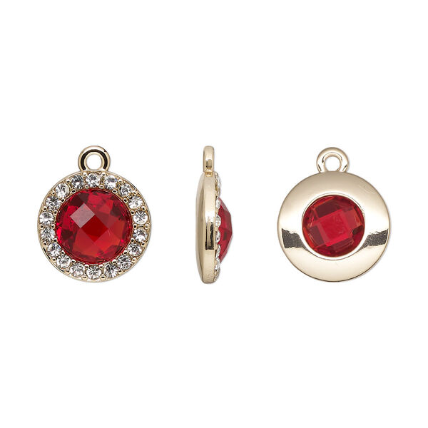 Drop, glass / glass rhinestone / gold-finished "pewter" (zinc-based alloy), clear and transparent ruby red, 15.5mm single-sided round. Sold per pkg of 2. image number 0