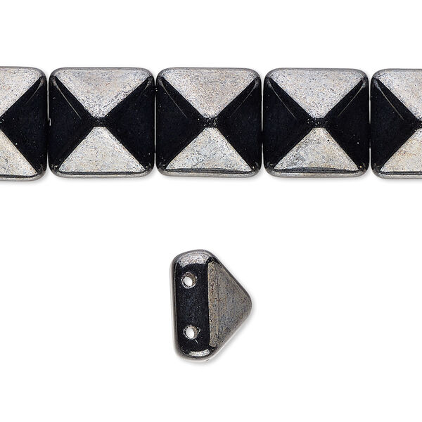 Spacer, Preciosa, Czech pressed glass, opaque hematite, 11x11x7.5mm 2-strand pyramid, fits up to 5.5mm bead. Sold per 8-inch strand, approximately 15 spacers. image number 0