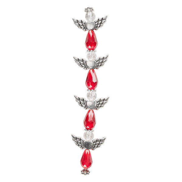 Bead, crystal and antique silver-plated "pewter" (zinc-based alloy), transparent red and clear, 25x22mm angel. Sold per pkg of 4. image number 0