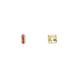 Bead, glass rhinestone and gold-finished brass, red, 4x2mm squaredelle. Sold per pkg of 10.