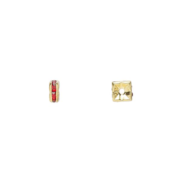 Bead, glass rhinestone and gold-finished brass, red, 4x2mm squaredelle. Sold per pkg of 10. image number 0