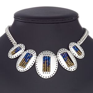 Necklace, glass / silver-coated plastic / silver-plated steel / "pewter" (zinc-based alloy), blue AB and gold, 30x22mm-44x34mm graduated oval, 16 inches with 3-inch extender chain and lobster claw clasp. Sold individually.