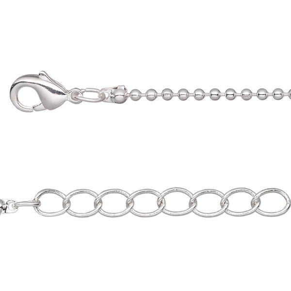 Chain, silver-plated brass, 1.5mm ball, 16 inches with 1-inch extender chain and lobster claw clasp. Sold per pkg of 4. image number 0