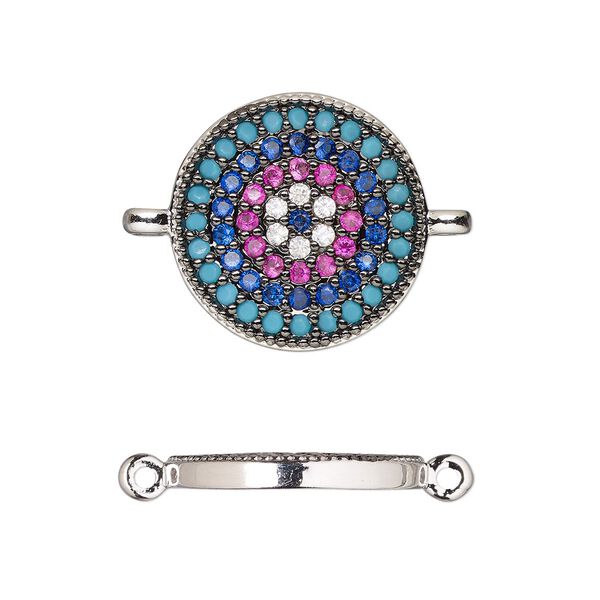 Link, cubic zirconia and silver-finished brass, multicolored, 16mm single-sided round. Sold individually. image number 0