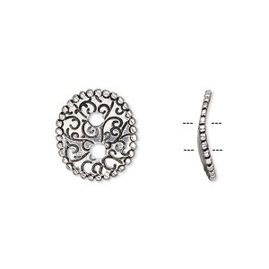 Button, antique silver-plated pewter (tin-based alloy), 15x13mm curved flat oval with swirl design and beaded edge with textured back. Sold per pkg of 2.