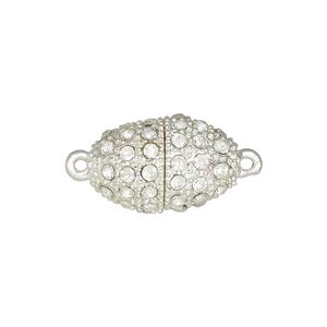 Clasp, magnetic, silver-finished brass and glass, clear, 21x13mm-21x14mm oval. Sold individually.