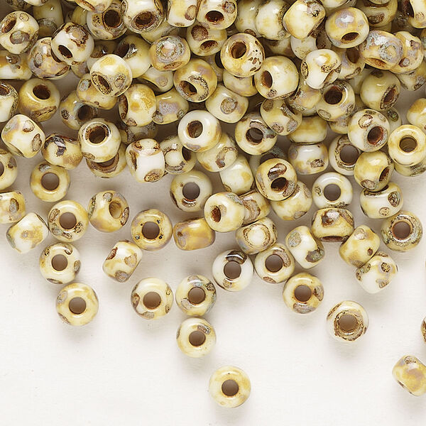 Seed bead, Miyuki, glass, pkg/25g, #6 rocaille, opaque Picasso yellow, (RR-4512). image number 0