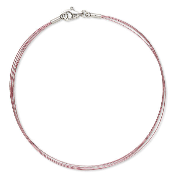 Bracelet, 5-strand, stainless steel and plastic-coated stainless steel, pink, 8 inches with lobster claw clasp. Sold individually. image number 0