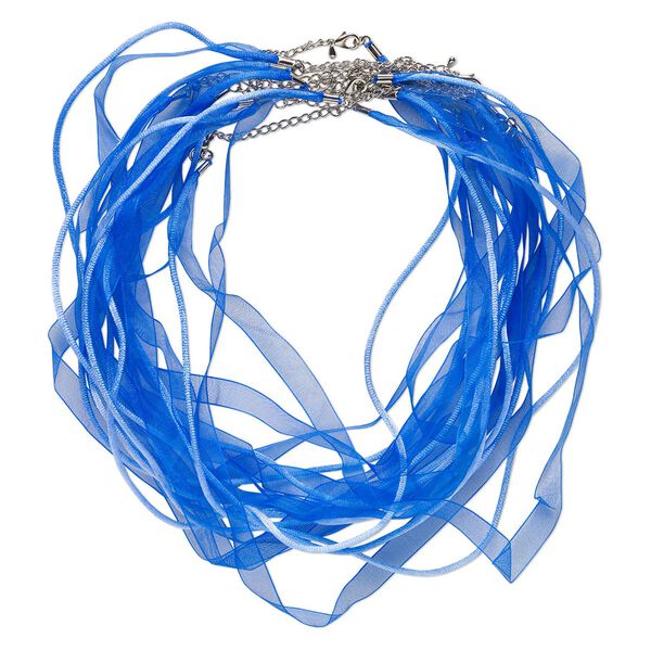 Necklace cord, organza / nylon / silver-finished steel, blue and cobalt blue, 11mm wide ribbon with 2mm round cord, 16 inches with 2-inch extender chain and lobster claw clasp. Sold per pkg of 10. image number 0