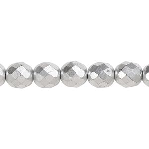 Bead, Czech fire-polished glass, opaque satin silver, 8mm faceted round. Sold per 15-1/2" to 16" strand, approximately 50 beads.