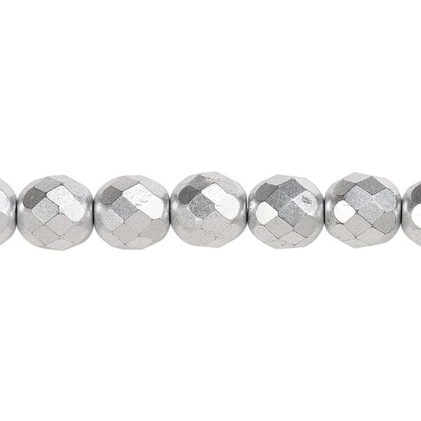 Bead, Czech fire-polished glass, opaque satin silver, 8mm faceted round. Sold per 15-1/2" to 16" strand, approximately 50 beads. image number 0