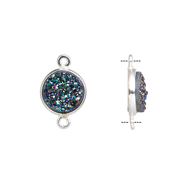 Link, titanium- / electro-coated druzy agate (coated) / sterling silver, green, 11mm hand-cut single-sided flat round. Sold individually. image number 0