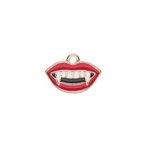 Charm, gold-finished "pewter" (zinc-based alloy) and enamel, white / red / black, 16.5x10mm vampire teeth. Sold per pkg of 4.