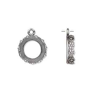 Drop, JBB Findings, antique silver-plated brass, 14.5mm round with open back and flower design trim, 12mm round bezel setting. Sold per pkg of 2.