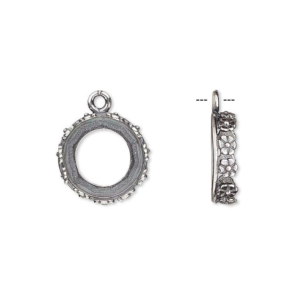 Drop, JBB Findings, antique silver-plated brass, 14.5mm round with open back and flower design trim, 12mm round bezel setting. Sold per pkg of 2. image number 0