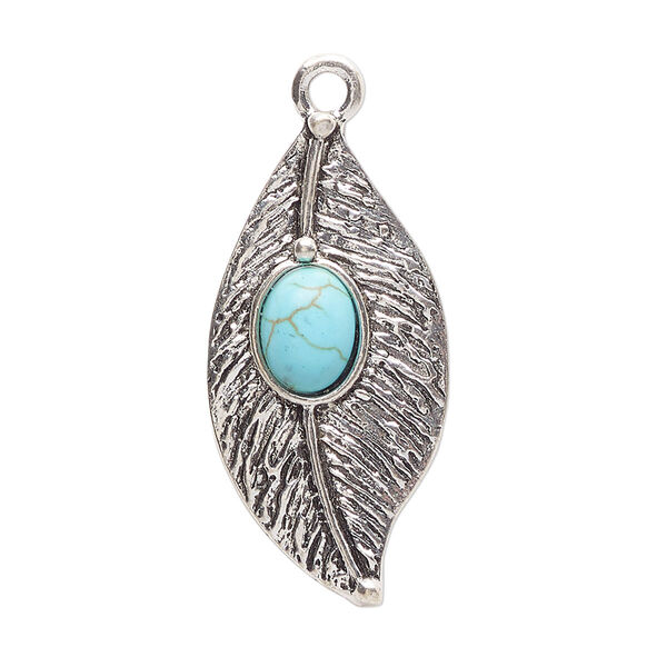 Focal, antique silver-finished "pewter" (zinc-based alloy) and "turquoise" (resin) (imitation), turquoise blue, 34x17mm single-sided feather. Sold per pkg of 2. image number 0