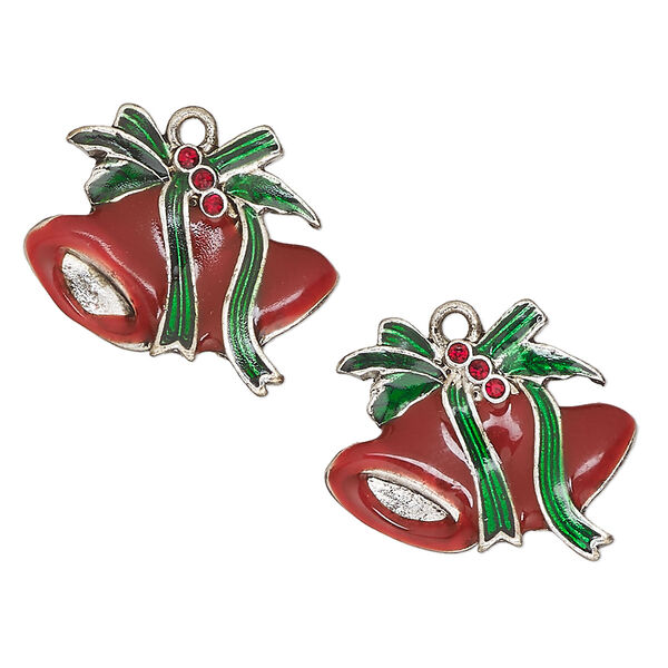 Charm, antique silver-finished "pewter" (zinc-based alloy) / enamel / glass, red and green, 25x18mm single-sided Christmas bell. Sold per pkg of 2. image number 0