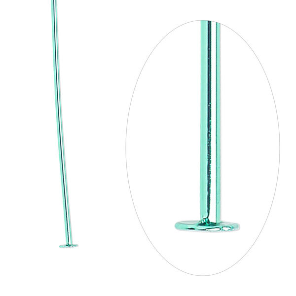 Head pin, electro-coated brass, green, 3 inches, 21 gauge. Sold per pkg of 10. image number 0