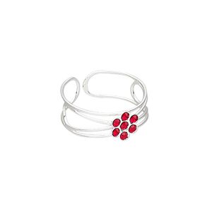 Ring, glass rhinestone and silver-plated brass, red, 7mm wide with 7x6mm flower, adjustable. Sold individually.