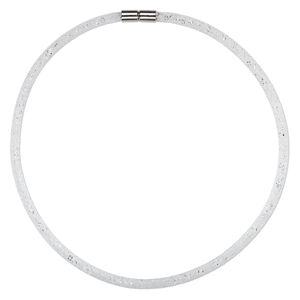 Necklace, nylon / acrylic / imitation rhodium-finished "pewter" (zinc-based alloy), white and clear, 4mm wide mesh, 18 inches with magnetic clasp. Sold individually.