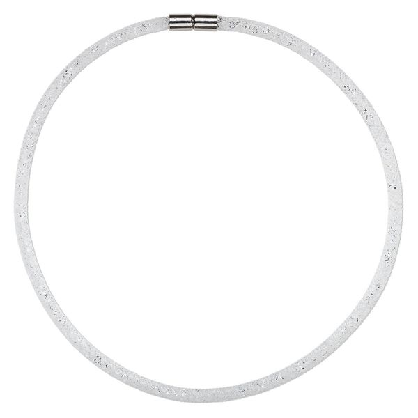Necklace, nylon / acrylic / imitation rhodium-finished "pewter" (zinc-based alloy), white and clear, 4mm wide mesh, 18 inches with magnetic clasp. Sold individually. image number 0