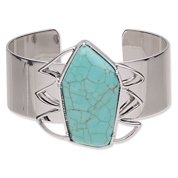 Bracelet, cuff, "turquoise" (imitation) resin and imitation rhodium-plated steel, blue, 41mm wide with 41x41mm pentagon, adjustable from 6-1/2 to 7 inches. Sold individually. image number 0