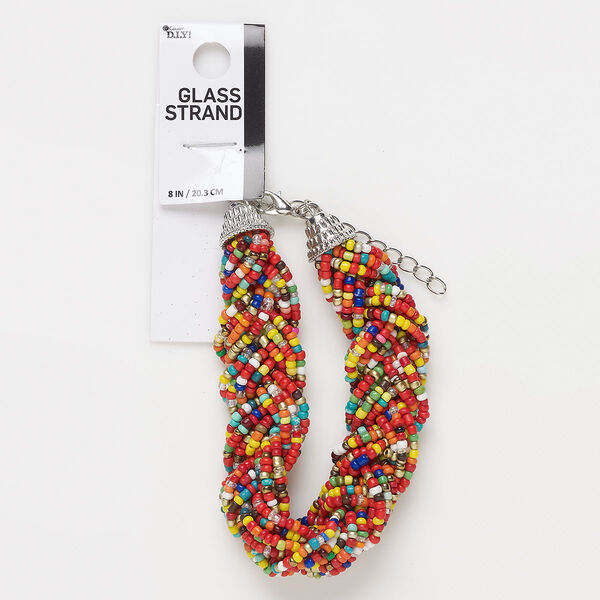 Bracelet, silver-finished "pewter" (zinc-based alloy) and glass, multicolored, 7-inch braid with 2-inch extender and lobster claw clasp. Sold individually. image number 0
