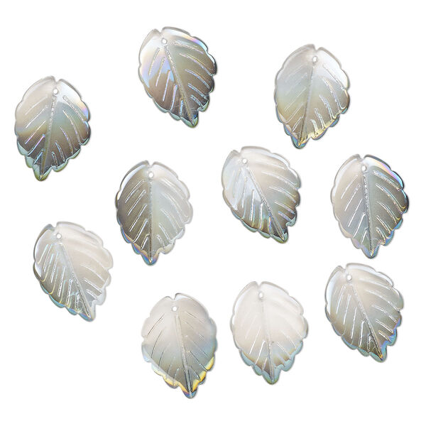 Drop, pressed glass, translucent metallic green rainbow, 24 x 17mm pressed leaf, top-drilled. top-drilled. Sold per pkg of 10. image number 0