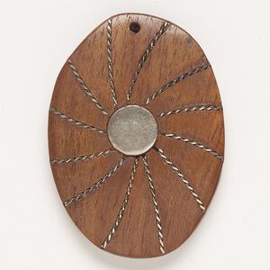 Focal, copper and wood (dyed), pkg/1, 46x33mm-46x35mm top-drilled flat oval with twisted wire inlay and flat back, antique silver finish.