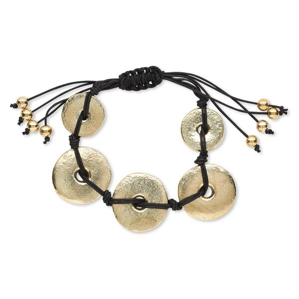 Bracelet, waxed cotton cord / gold-finished aluminum / gold-coated plastic, black, 20-27mm round donut, adjustable from 7 to 11 inches with macramé knot closure. Sold individually. image number 0