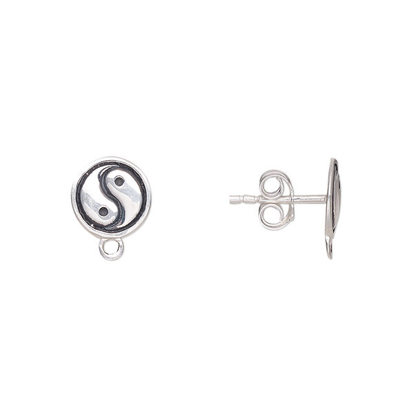 Earstud, antiqued sterling silver, 9mm round with yin-yang and closed loop. Sold per pair. image number 0