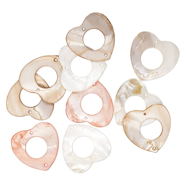 Focal, mother-of-pearl shell (bleached / dyed), light red and brown, 47x46mm heart with cutout round and 2 holes, Mohs hardness 3-1/2. Sold per pkg of 10. image number 0