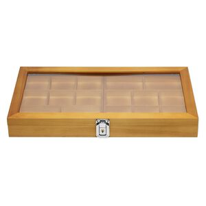 Organizer, stained wood / acrylic / brass / imitation rhodium-finished steel, brown / black / clear, 14-3/4 x 8-1/4 x 1-3/4 inch hinged rectangle with 7 x 7-1/2 x 3/4 inch tray and 16 compartments with key lock. Sold individually.